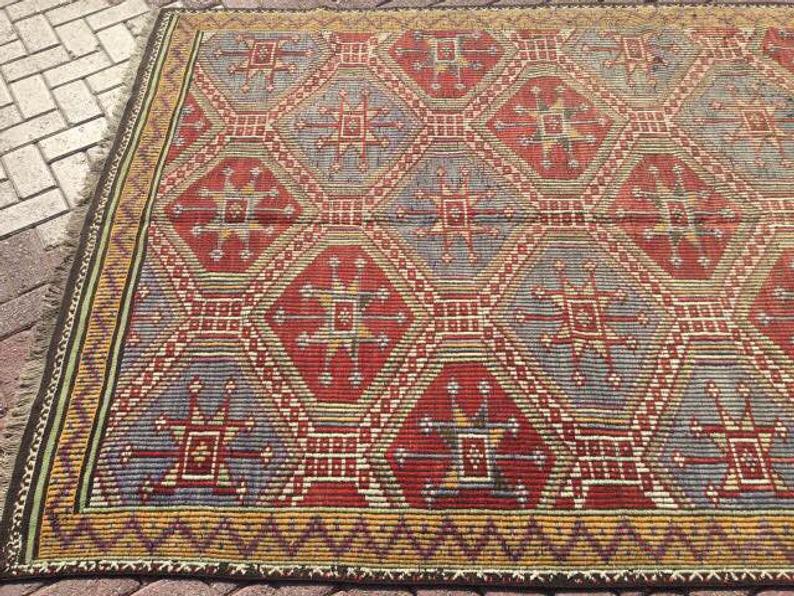 Tappeto Kilim vintage 311 cm x 177 cm realizzato a mano in lana di tacchino