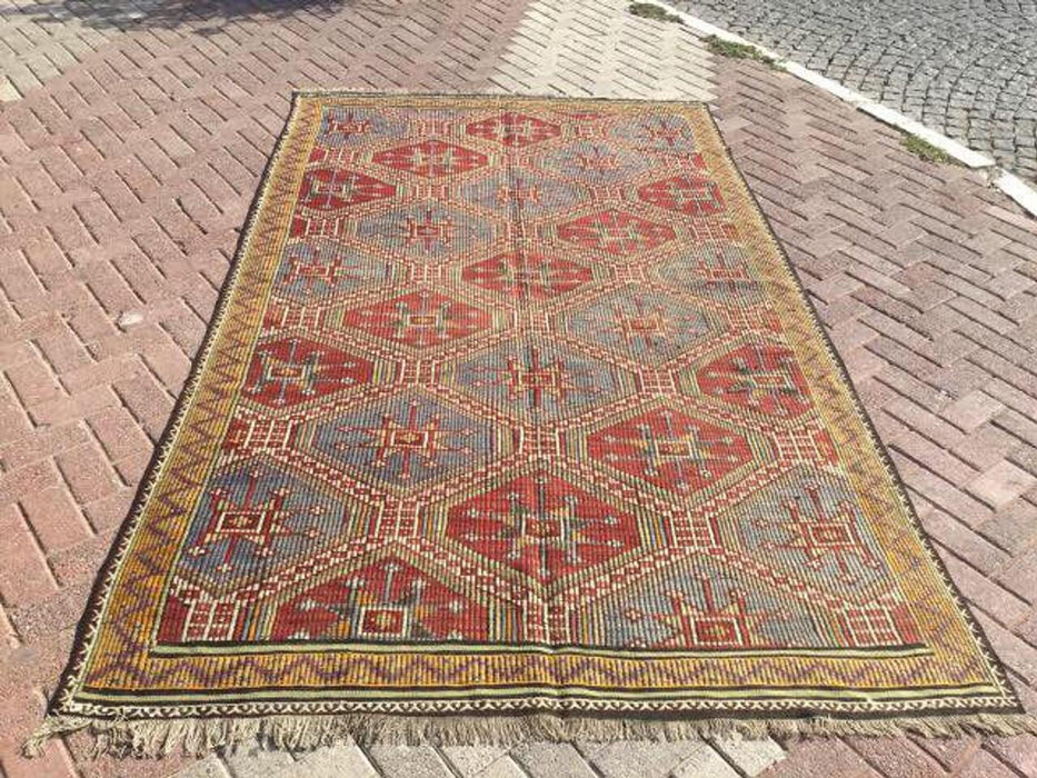 Tappeto Kilim vintage 311 cm x 177 cm realizzato a mano in lana di tacchino