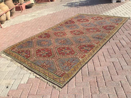 Tappeto Kilim vintage 311 cm x 177 cm realizzato a mano in lana di tacchino