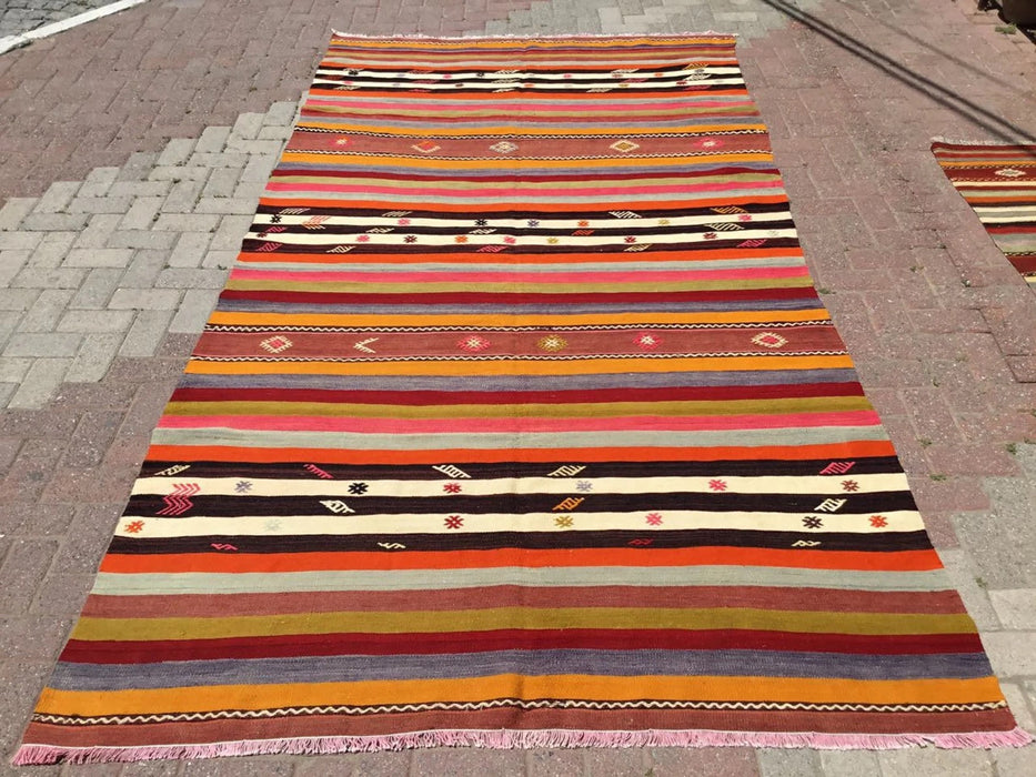 Tappeto Kilim vintage 318 cm x 172 cm fatto a mano in lana e cotone