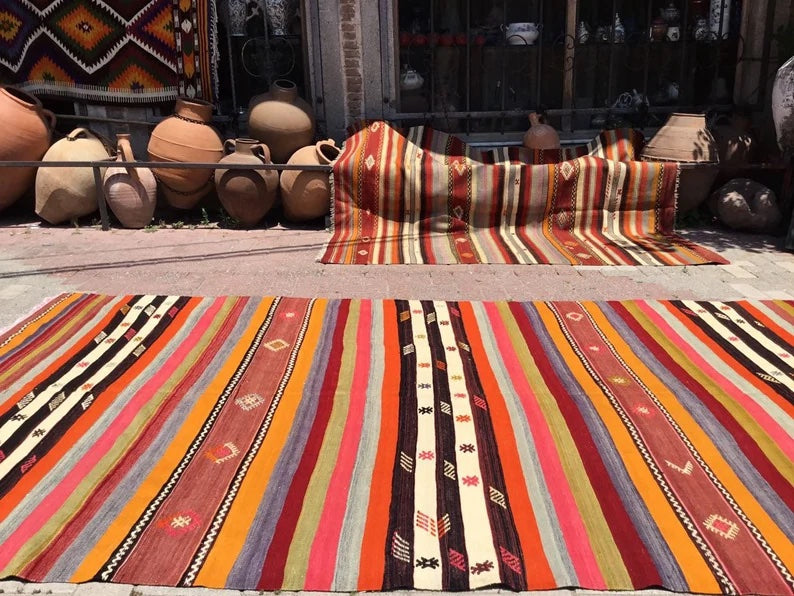 Tappeto Kilim vintage 318 cm x 172 cm fatto a mano in lana e cotone