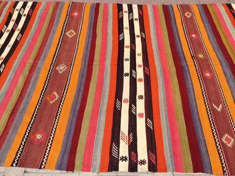 Tappeto Kilim vintage 318 cm x 172 cm fatto a mano in lana e cotone