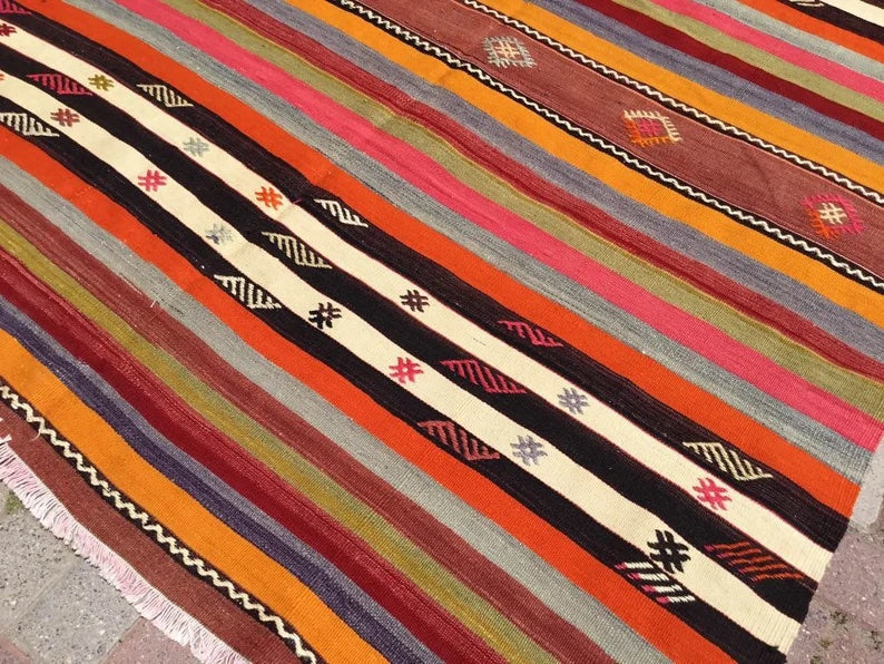 Tappeto Kilim vintage 318 cm x 172 cm fatto a mano in lana e cotone