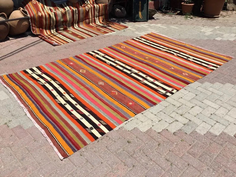 Tappeto Kilim vintage 318 cm x 172 cm fatto a mano in lana e cotone