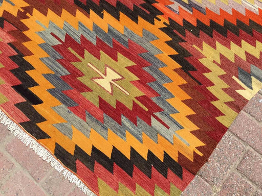 Tappeto Kilim vintage 329 cm x 192 cm realizzato a mano in lana di tacchino