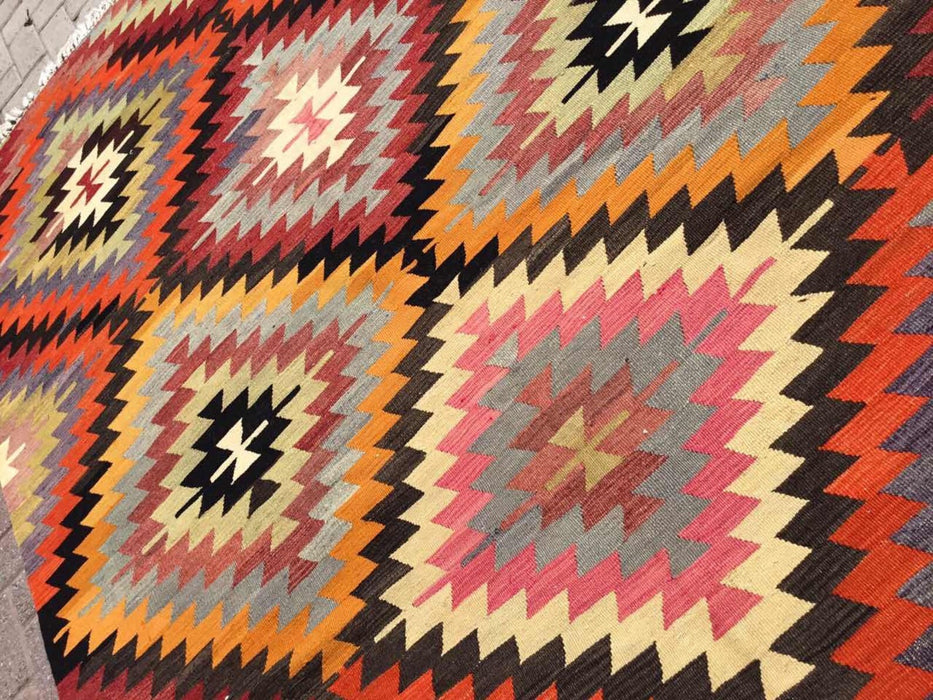 Tappeto Kilim vintage 329 cm x 192 cm realizzato a mano in lana di tacchino