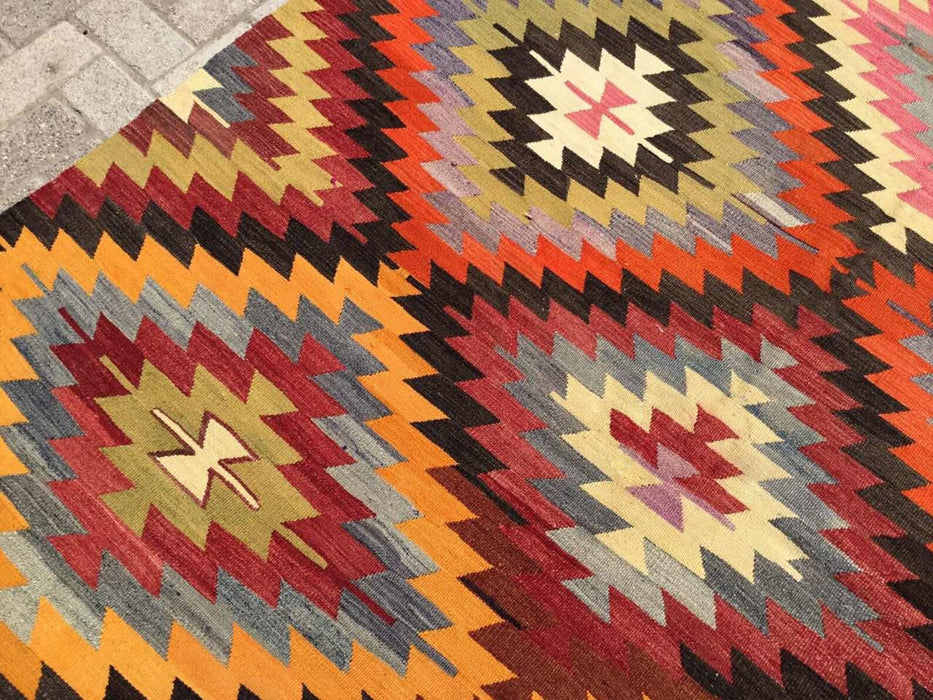 Tappeto Kilim vintage 329 cm x 192 cm realizzato a mano in lana di tacchino