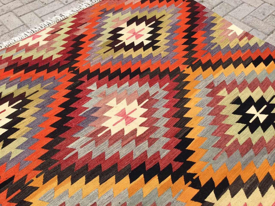 Tappeto Kilim vintage 329 cm x 192 cm realizzato a mano in lana di tacchino