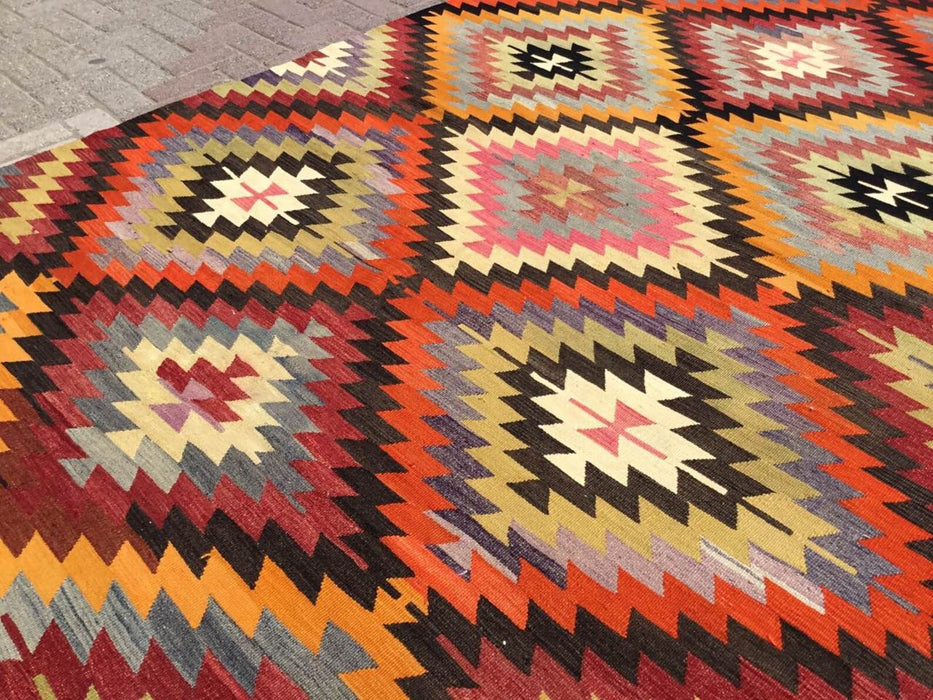 Tappeto Kilim vintage 329 cm x 192 cm realizzato a mano in lana di tacchino