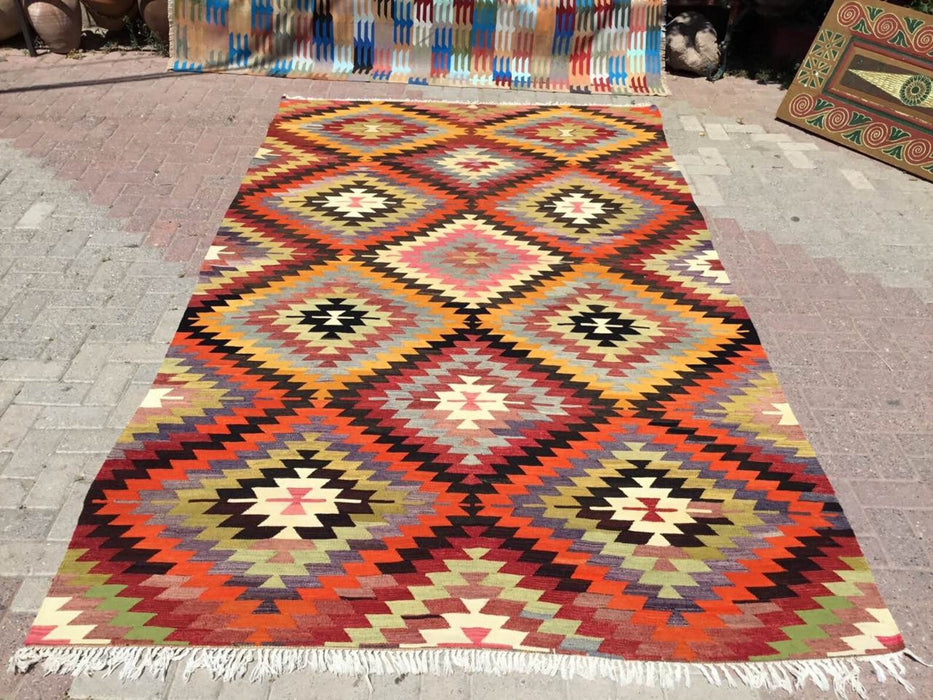 Tappeto Kilim vintage 329 cm x 192 cm realizzato a mano in lana di tacchino