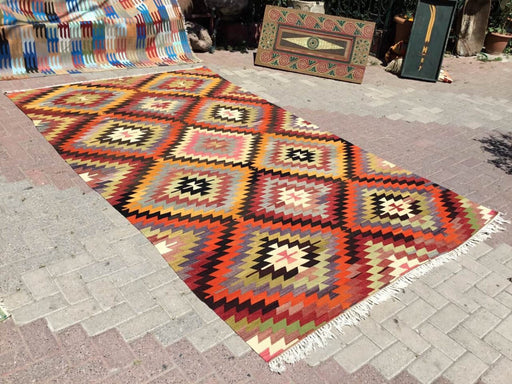 Tappeto Kilim vintage 329 cm x 192 cm realizzato a mano in lana di tacchino