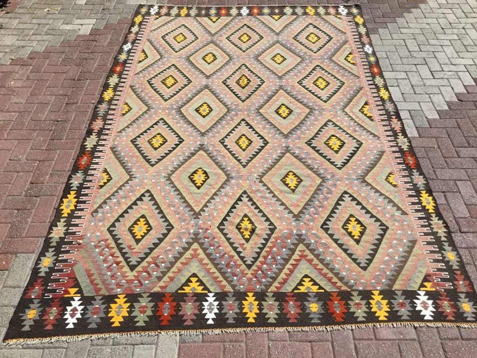 Tappeto Kilim vintage 333 x 221 cm in lana filata a mano e cotone