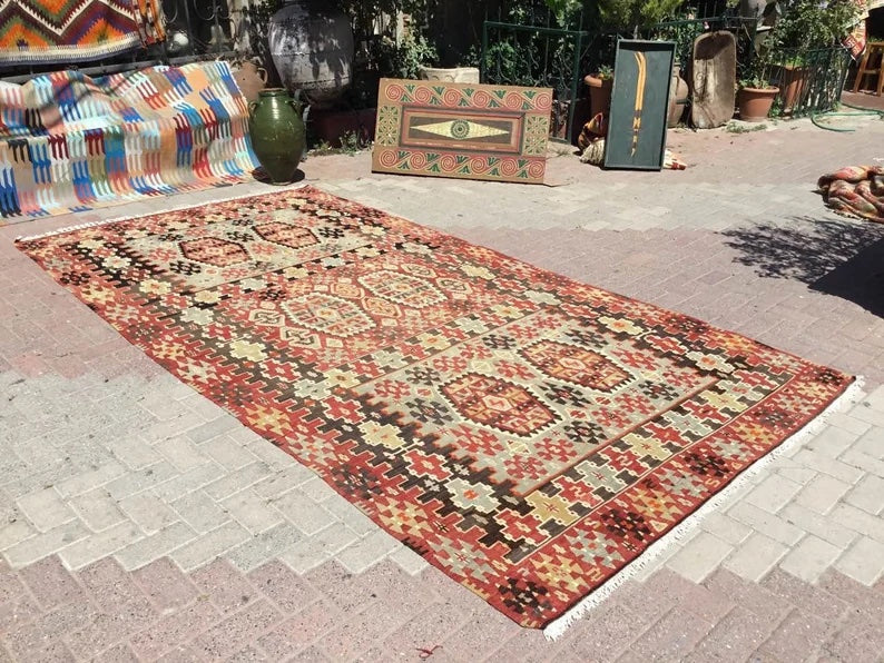 Tappeto Kilim vintage 364 cm x 188 cm realizzato a mano in Turchia