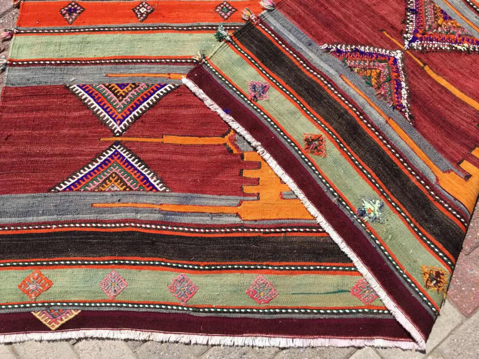 Tappeto Kilim vintage 364 cm x 198 cm in lana di tacchino filata a mano