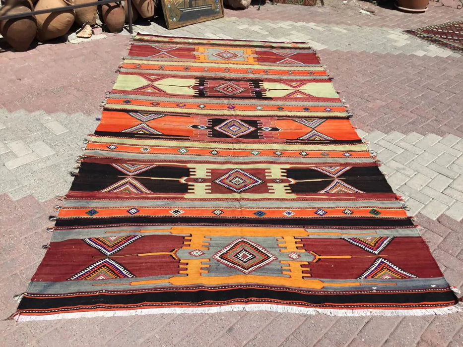 Tappeto Kilim vintage 364 cm x 198 cm in lana di tacchino filata a mano