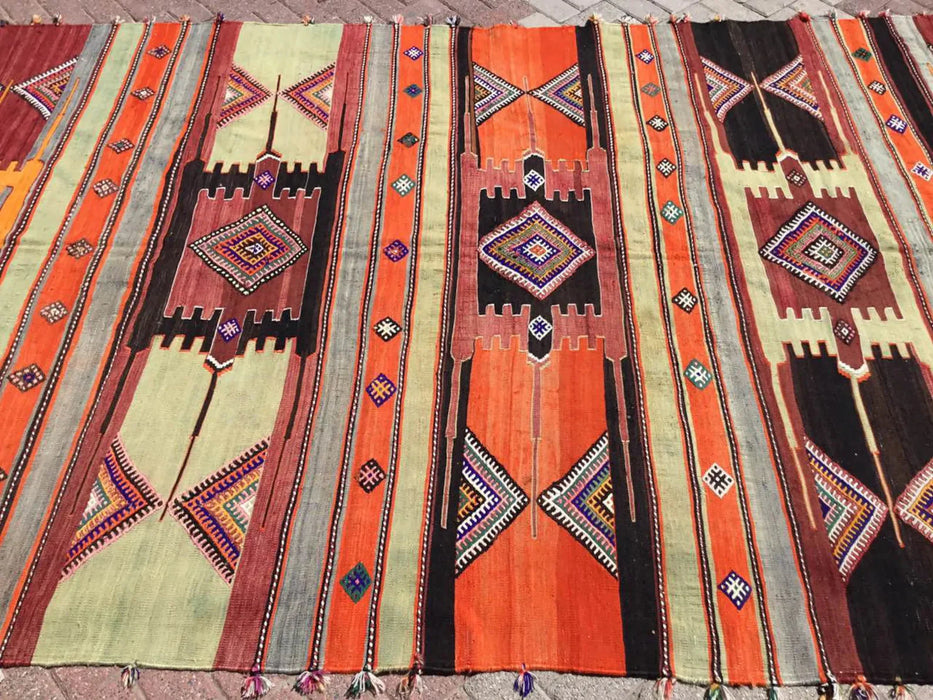 Tappeto Kilim vintage 364 cm x 198 cm in lana di tacchino filata a mano