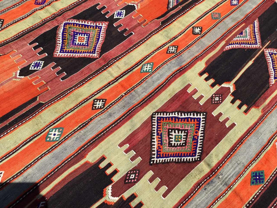 Tappeto Kilim vintage 364 cm x 198 cm in lana di tacchino filata a mano