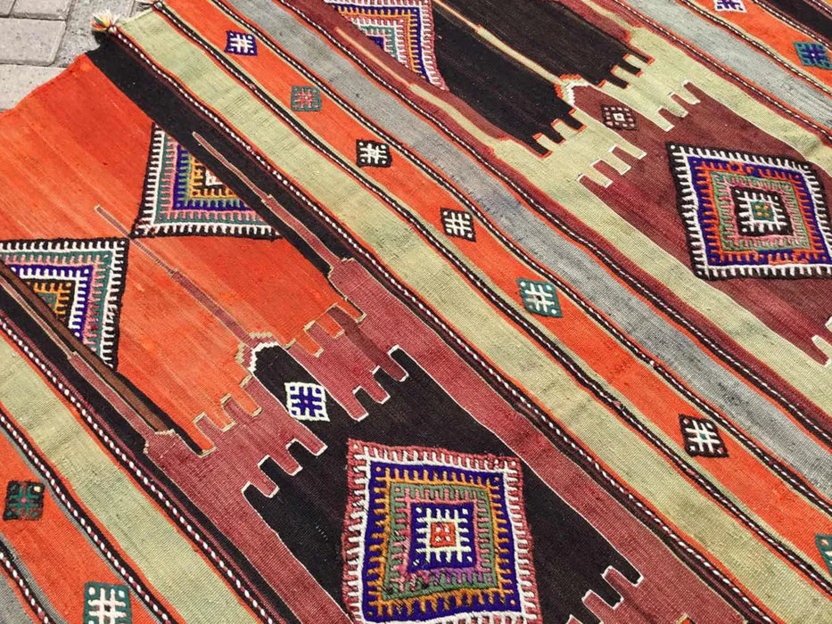 Tappeto Kilim vintage 364 cm x 198 cm in lana di tacchino filata a mano