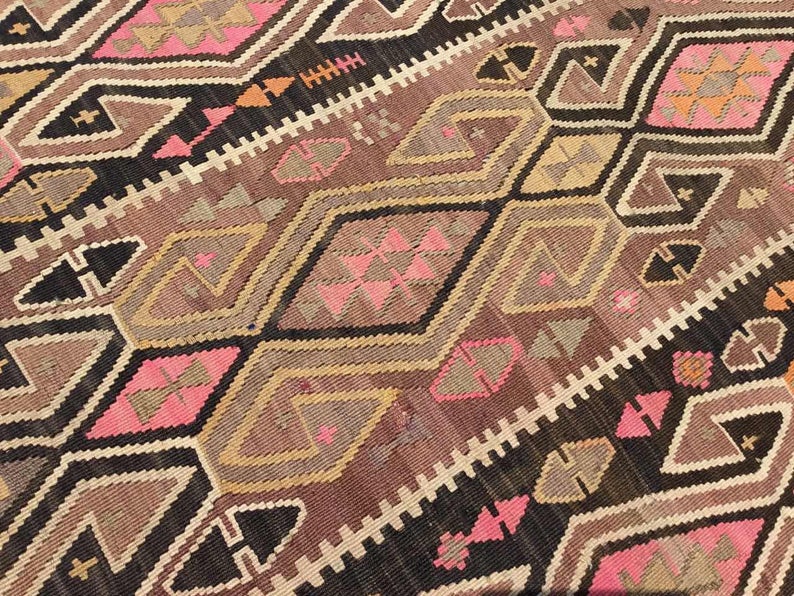 Tappeto Kilim vintage 370 cm x 170 cm in lana di tacchino filata a mano