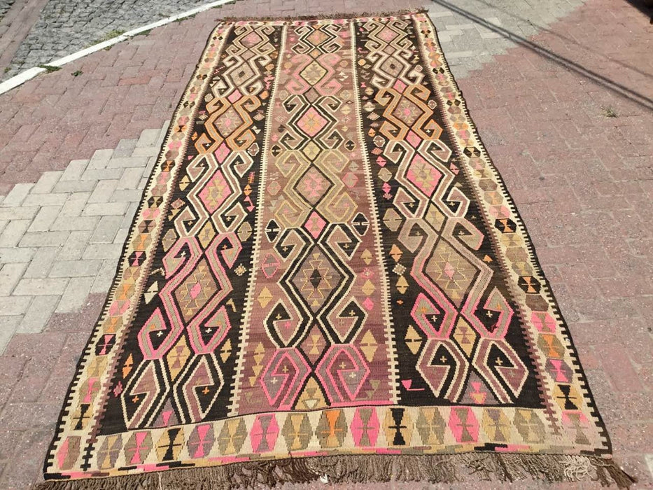 Tappeto Kilim vintage 370 cm x 170 cm in lana di tacchino filata a mano