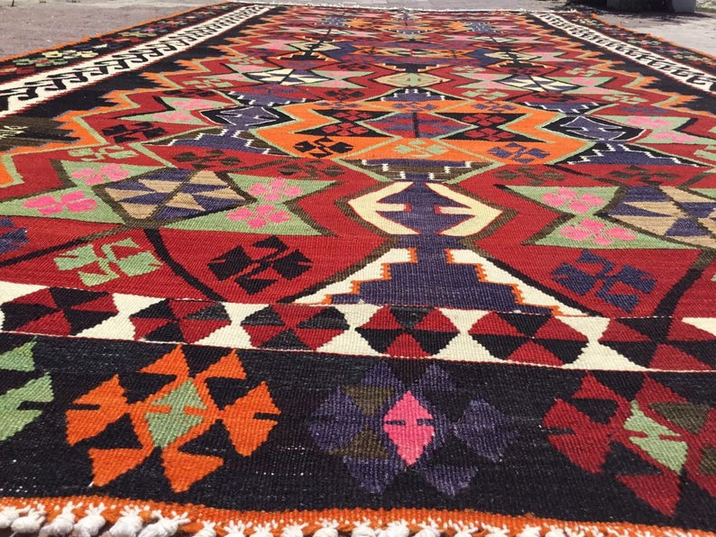 Tappeto Kilim vintage 382 cm x 203 cm realizzato a mano in lana turca