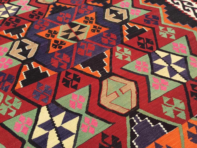 Tappeto Kilim vintage 382 cm x 203 cm realizzato a mano in lana turca