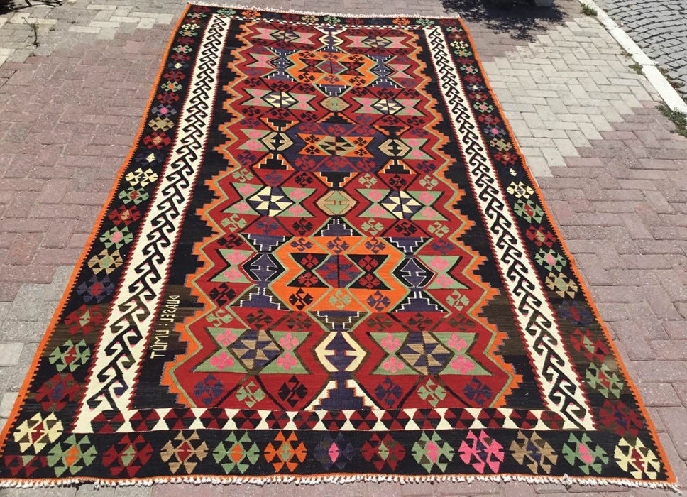 Tappeto Kilim vintage 382 cm x 203 cm realizzato a mano in lana turca