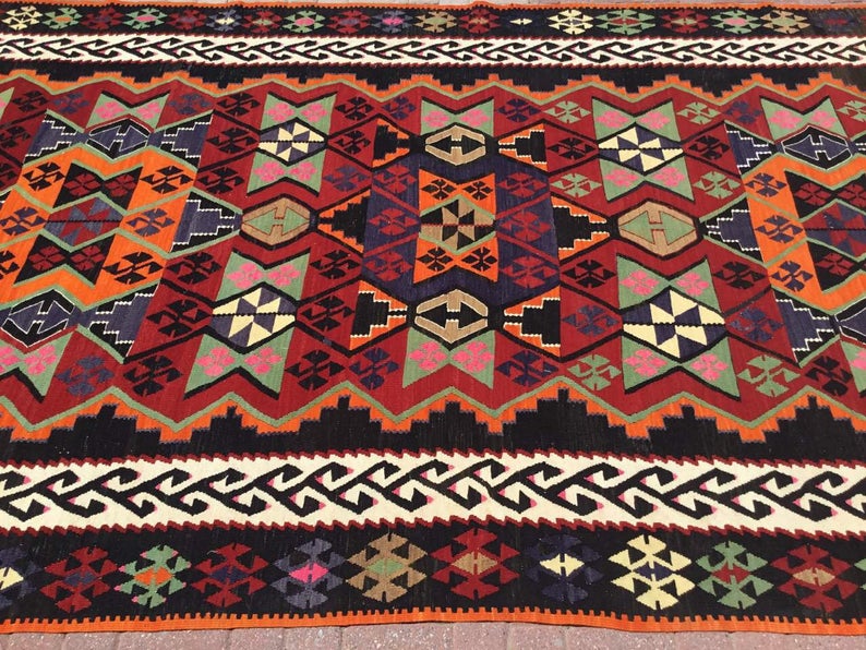 Tappeto Kilim vintage 382 cm x 203 cm realizzato a mano in lana turca