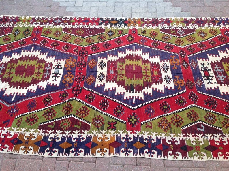 Vintage Kilim -matto 386cm x 170cm Käsintehty Turkista