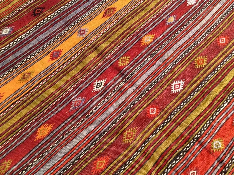 Tappeto Kilim vintage 389 cm x 174 cm realizzato a mano in lana e cotone