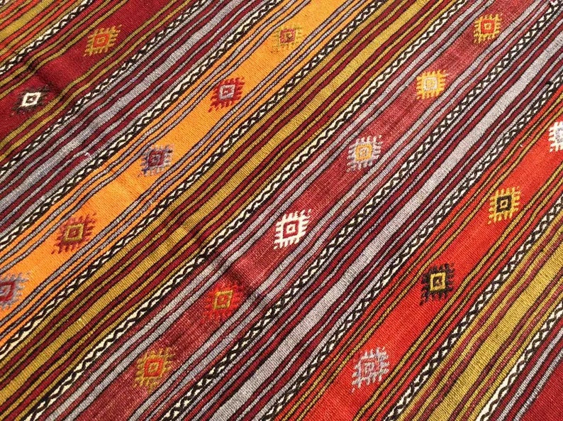 Tappeto Kilim vintage 389 cm x 174 cm realizzato a mano in lana e cotone