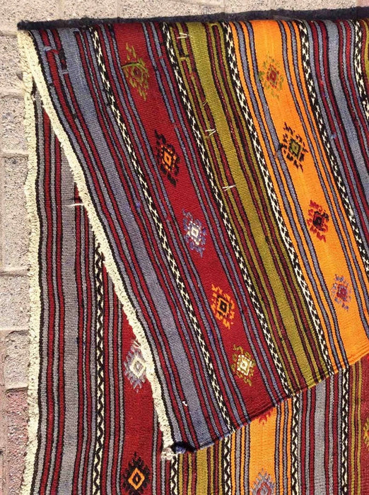 Tappeto Kilim vintage 389 cm x 174 cm realizzato a mano in lana e cotone