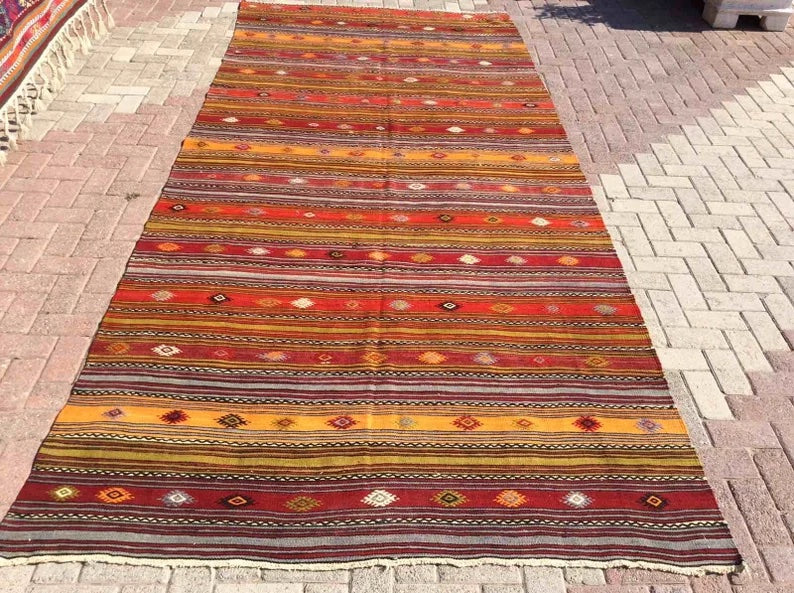 Tappeto Kilim vintage 389 cm x 174 cm realizzato a mano in lana e cotone