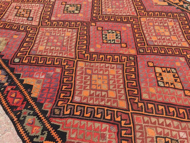 Tappeto Kilim vintage 448 cm x 183 cm in lana filata a mano