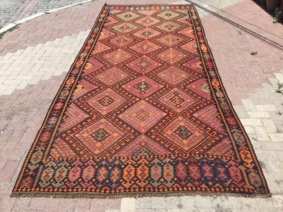 Tappeto Kilim vintage 448 cm x 183 cm in lana filata a mano