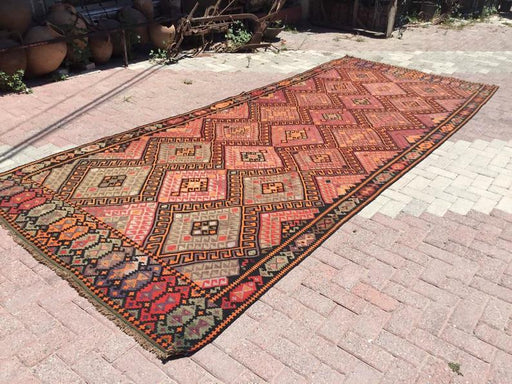 Vintage Kilim Rug 448cm x 183cm hånd spunnet ull