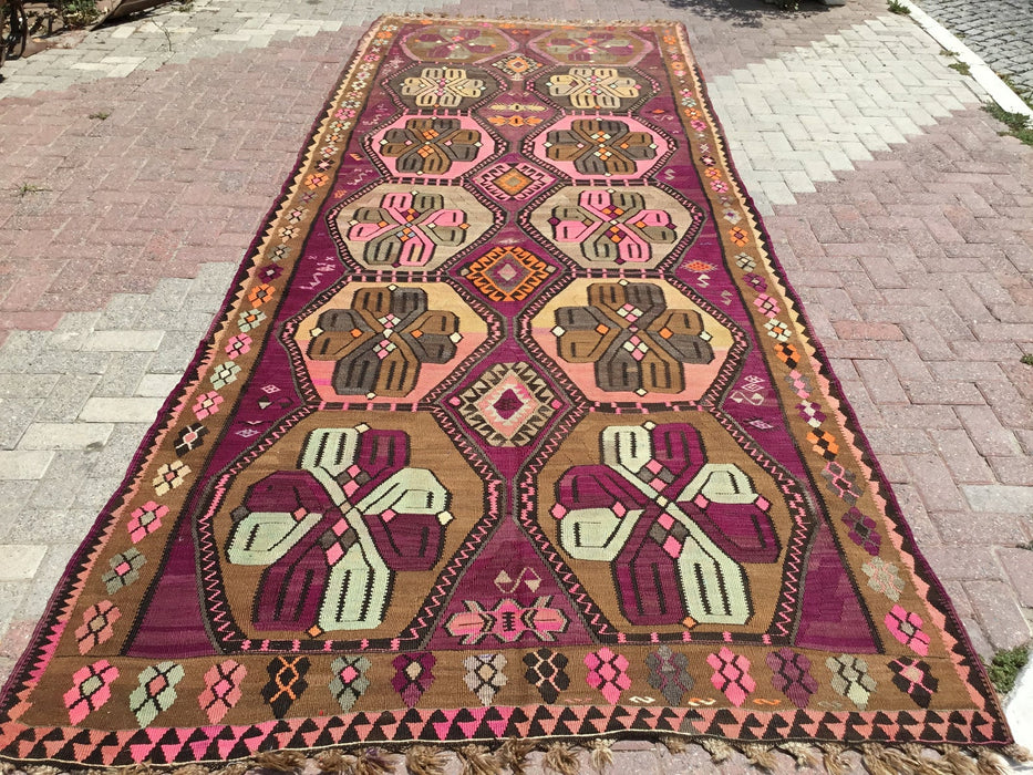 Tappeto Kilim vintage 449 x 172 cm in lana di tacchino filata a mano