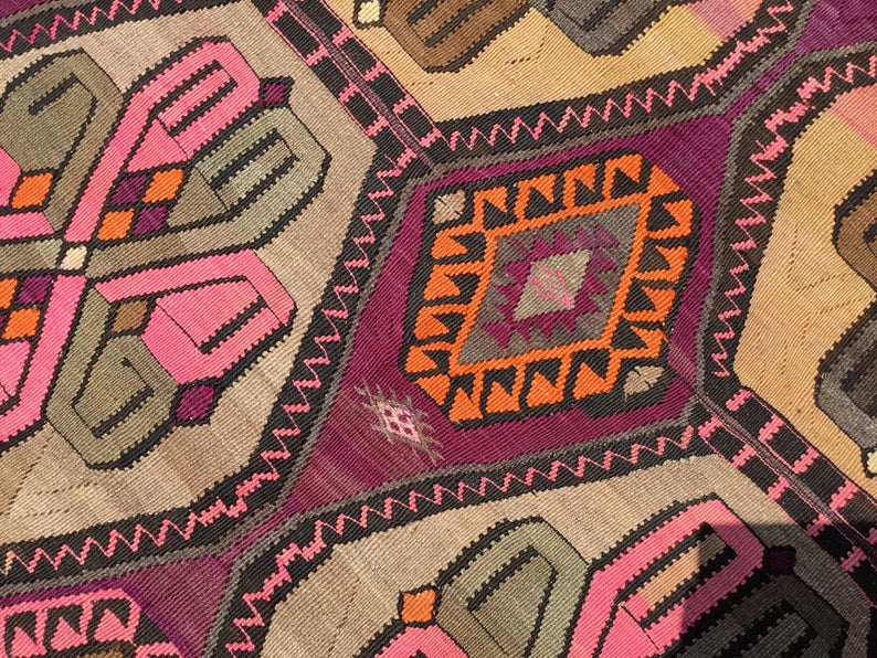 Tappeto Kilim vintage 449 x 172 cm in lana di tacchino filata a mano