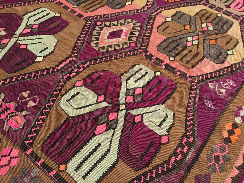 Tappeto Kilim vintage 449 x 172 cm in lana di tacchino filata a mano