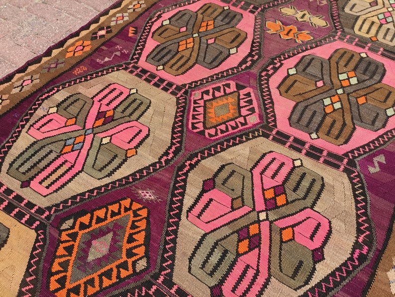 Tappeto Kilim vintage 449 x 172 cm in lana di tacchino filata a mano