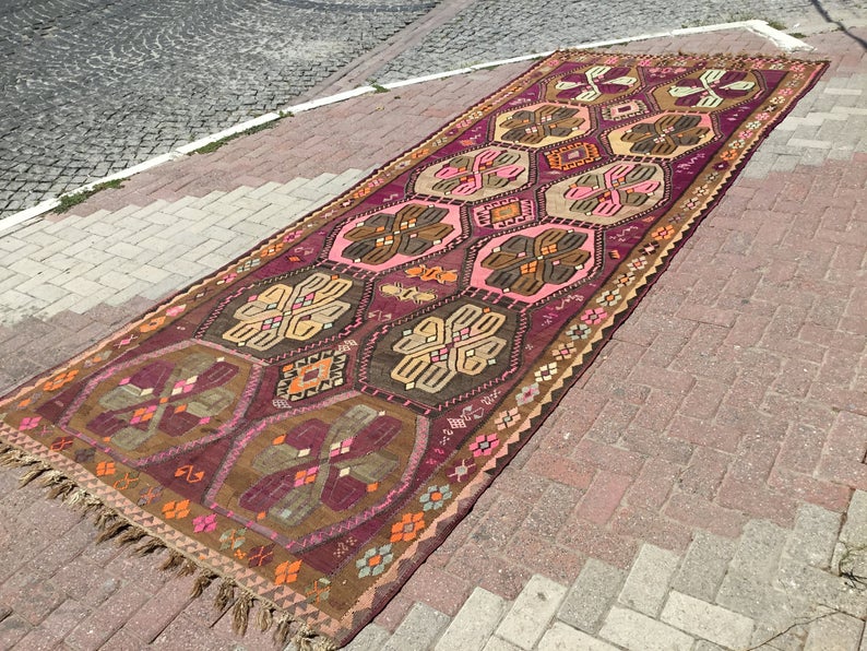 Tappeto Kilim vintage 449 x 172 cm in lana di tacchino filata a mano