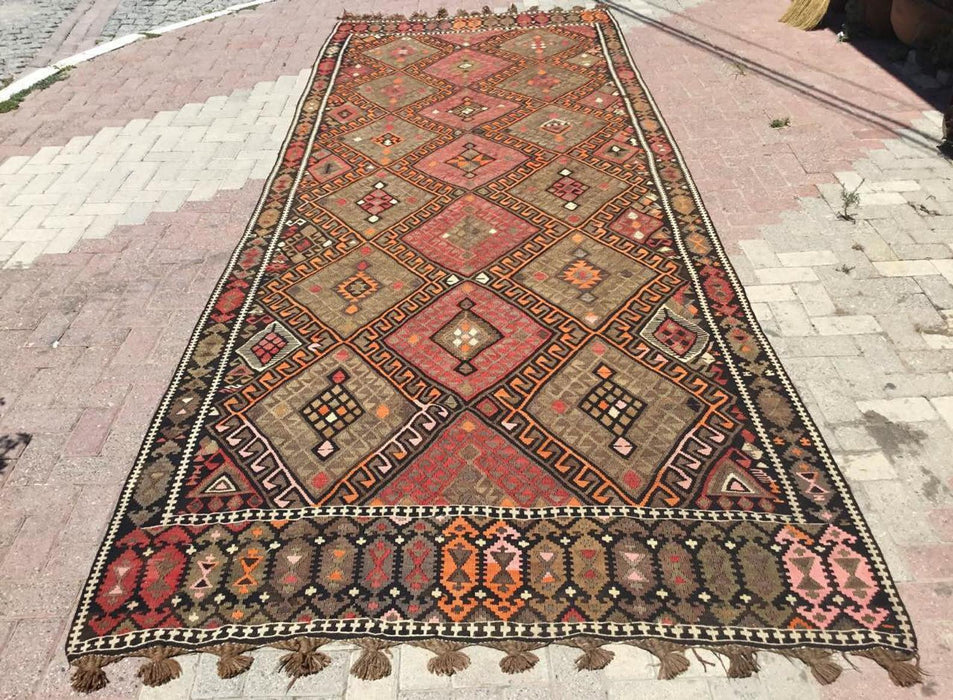 Tappeto Kilim vintage 475 x 175 cm fatto a mano in lana della Turchia occidentale