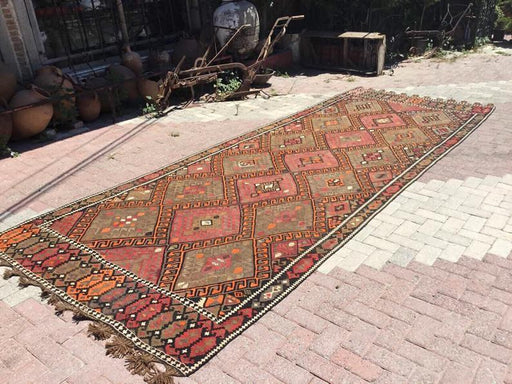 Vintage Kilim Rug 475cm x 175cm Håndlaget ull Vestlig Tyrkia