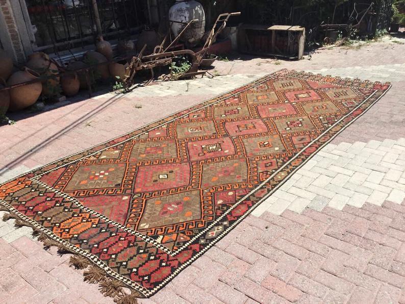 Tappeto Kilim vintage 475 x 175 cm fatto a mano in lana della Turchia occidentale