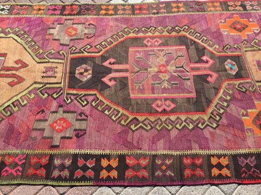 Vintage Magenta Black Kilim Rug 414cm x 154cm Handwoven