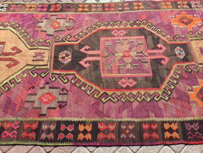 Vintage Magenta Black Kilim Rug 414cm x 154cm Handwoven