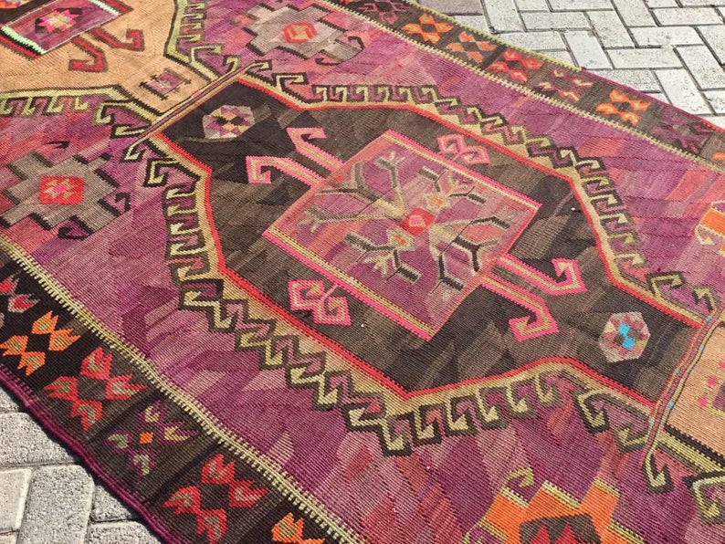 Vintage Magenta Black Kilim Rug 414cm x 154cm Handwoven