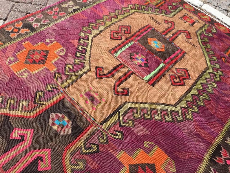 Vintage Magenta Black Kilim Rug 414cm x 154cm Handwoven