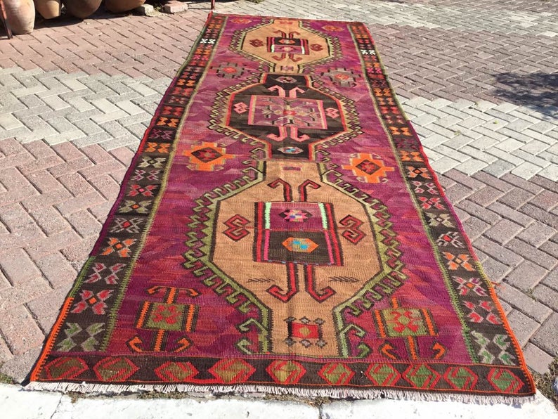 Vintage Magenta Black Kilim Rug 414cm x 154cm Handwoven