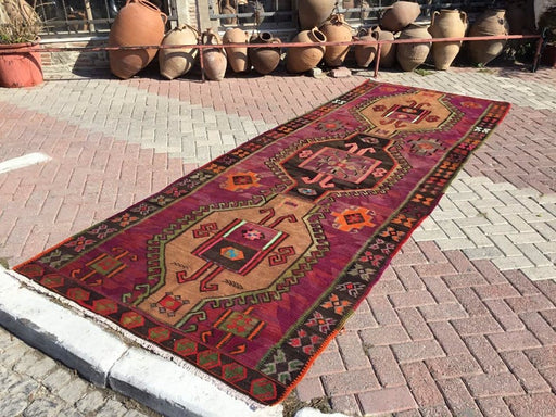 Vintage Magenta Black Kilim Rug 414cm x 154cm Handwoven